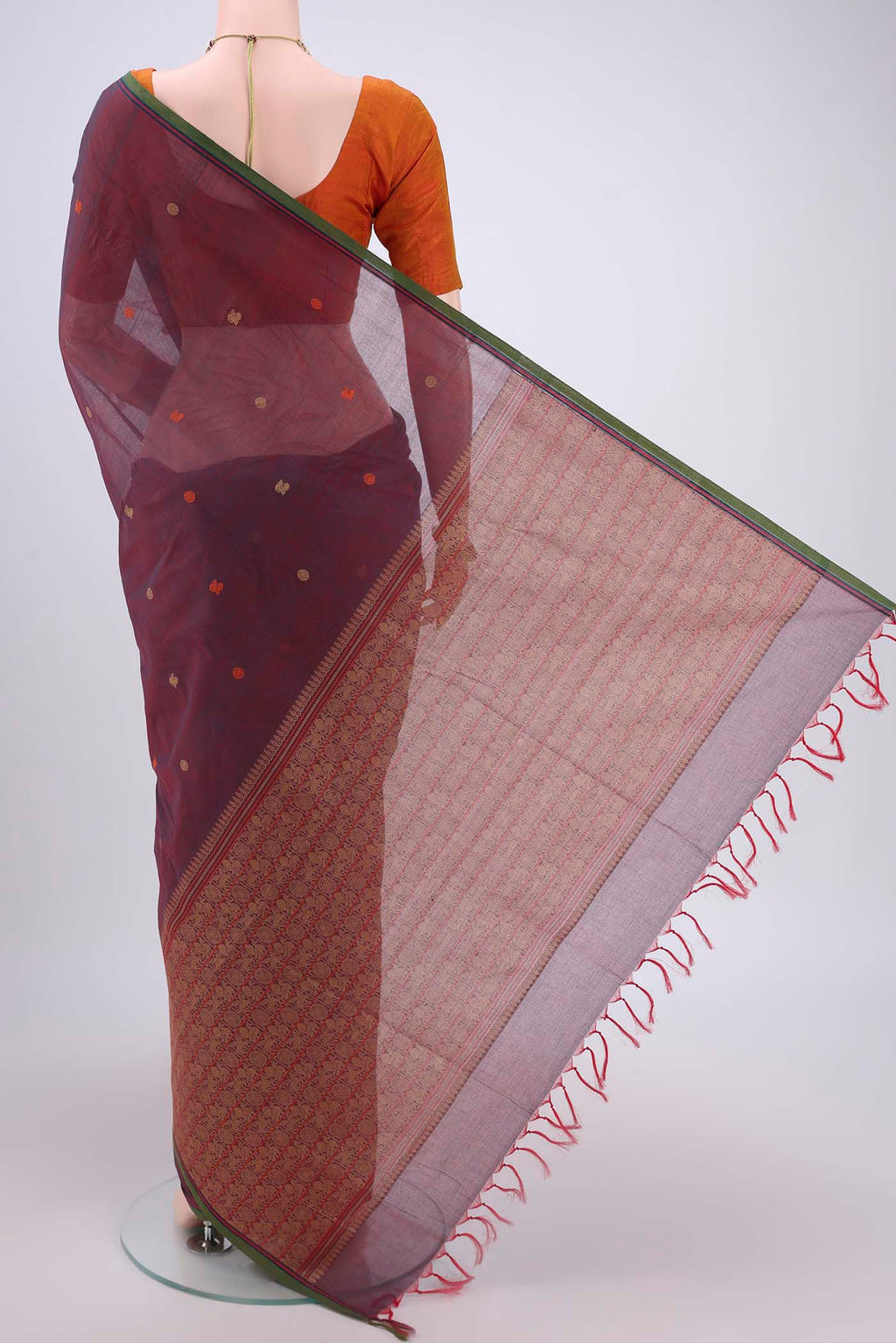 Flat view of Brown Coimbatore Cotton Saree with Thread Butta on the body and Thread Border. 