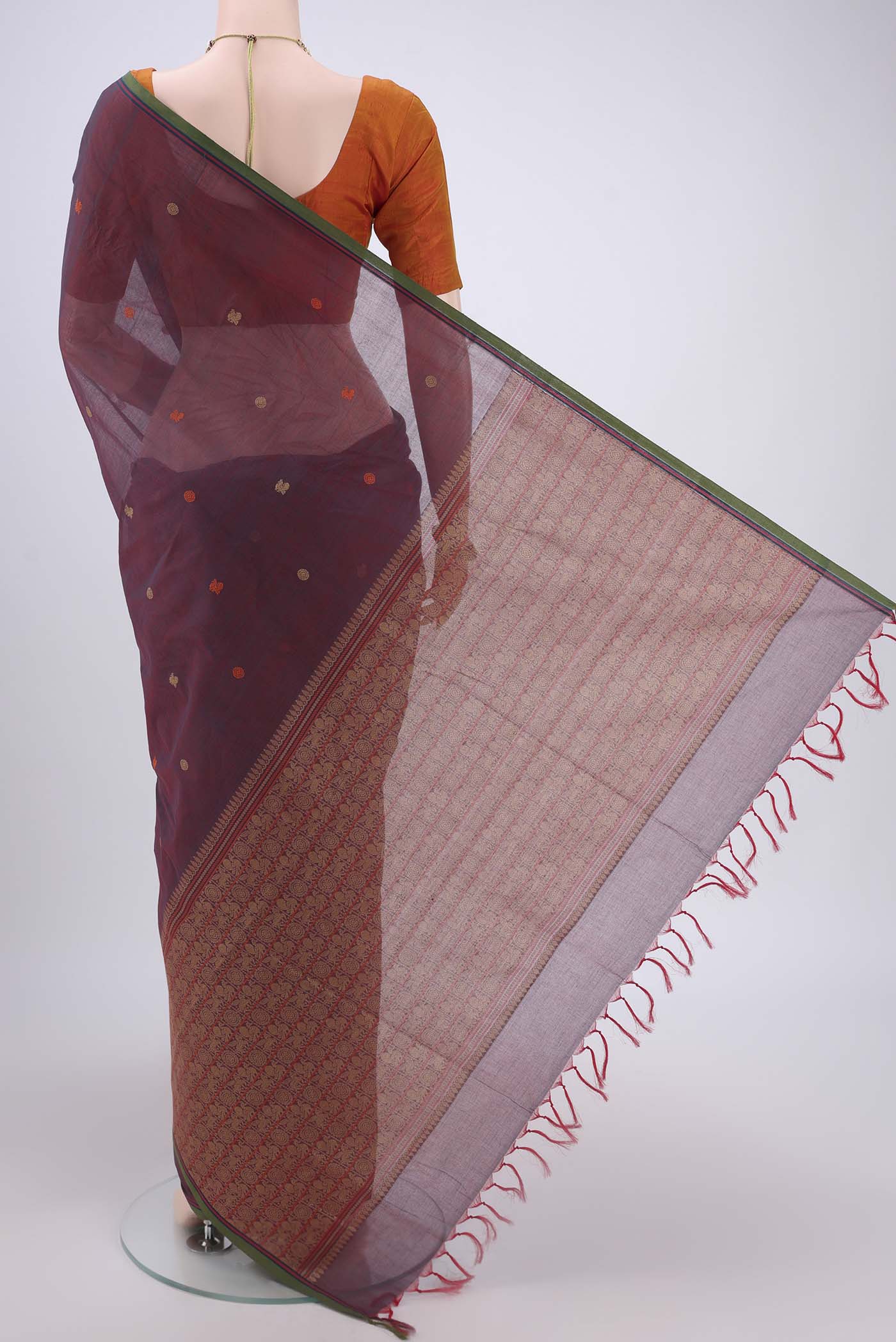 Flat view of Brown Coimbatore Cotton Saree with Thread Butta on the body and Thread Border. 