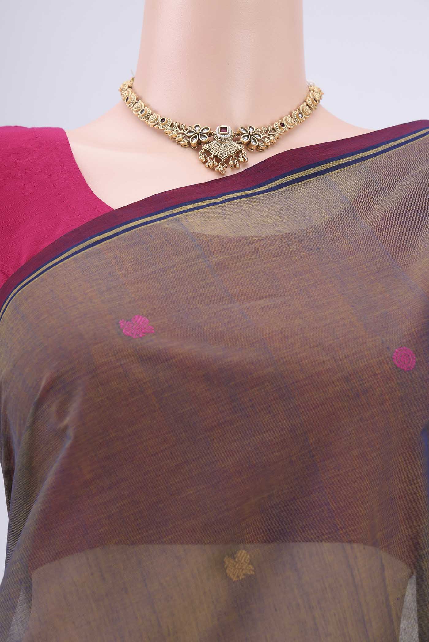 Border image of Blue Grey Coimbatore Cotton Saree with Thread Butta on the body and Thread Border. 