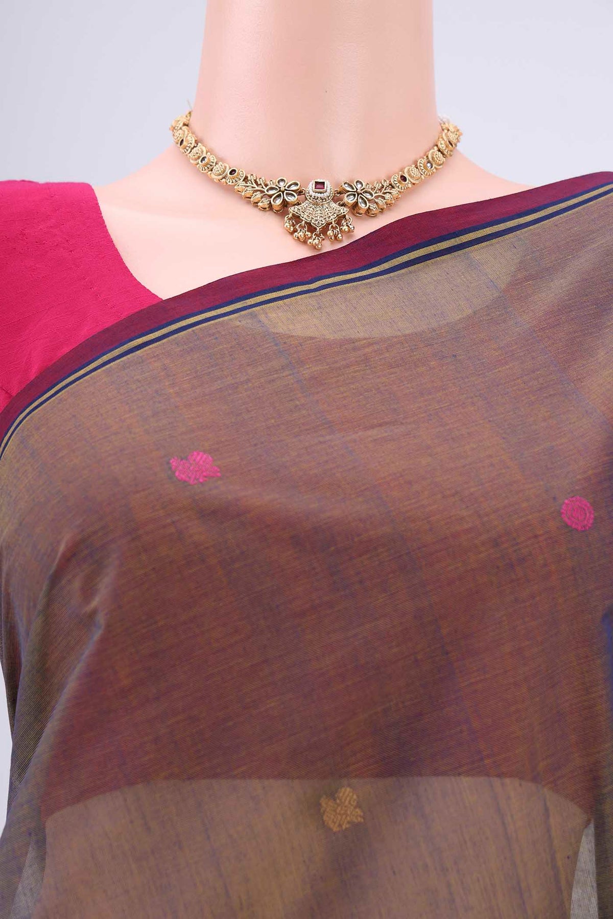 Border image of Blue Grey Coimbatore Cotton Saree with Thread Butta on the body and Thread Border. 