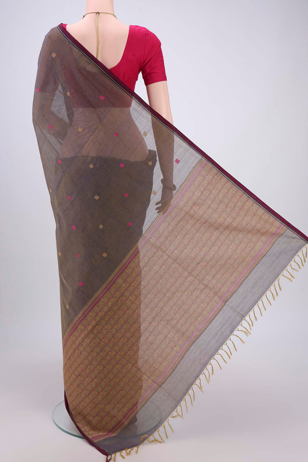 Flat view of Blue Grey Coimbatore Cotton Saree with Thread Butta on the body and Thread Border. 