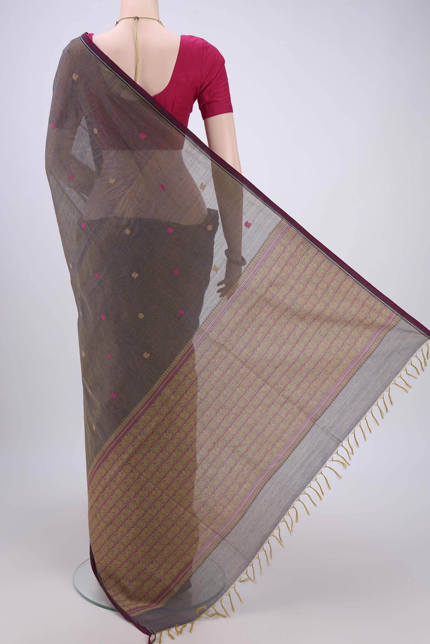 Flat view of Blue Grey Coimbatore Cotton Saree with Thread Butta on the body and Thread Border. 