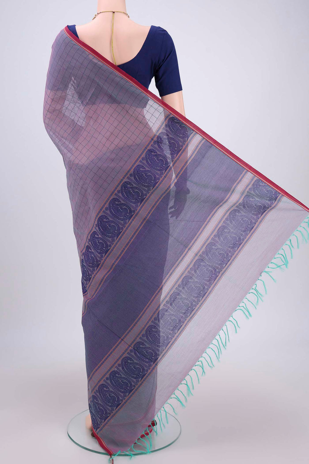 Flat view of Purple Coimbatore Cotton Saree with Thread Butta on the body and Thread Border. 
