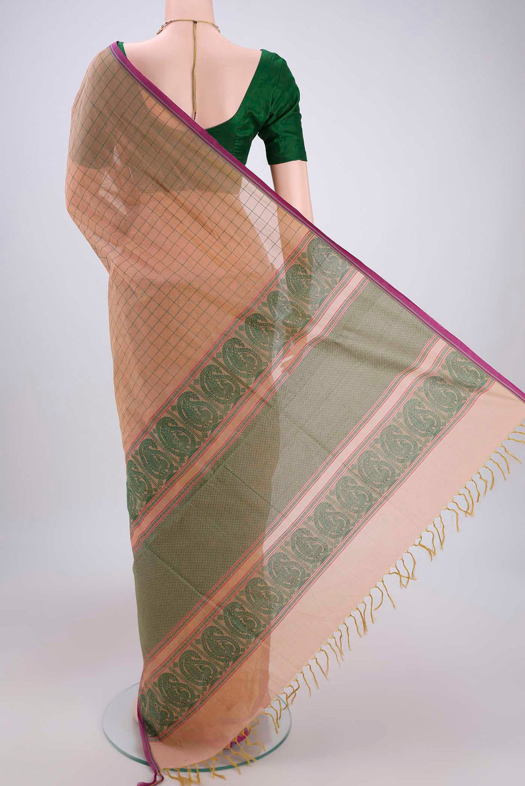 Flat view of Beige Coimbatore Cotton Saree with Thread Butta on the body and Thread Border. 