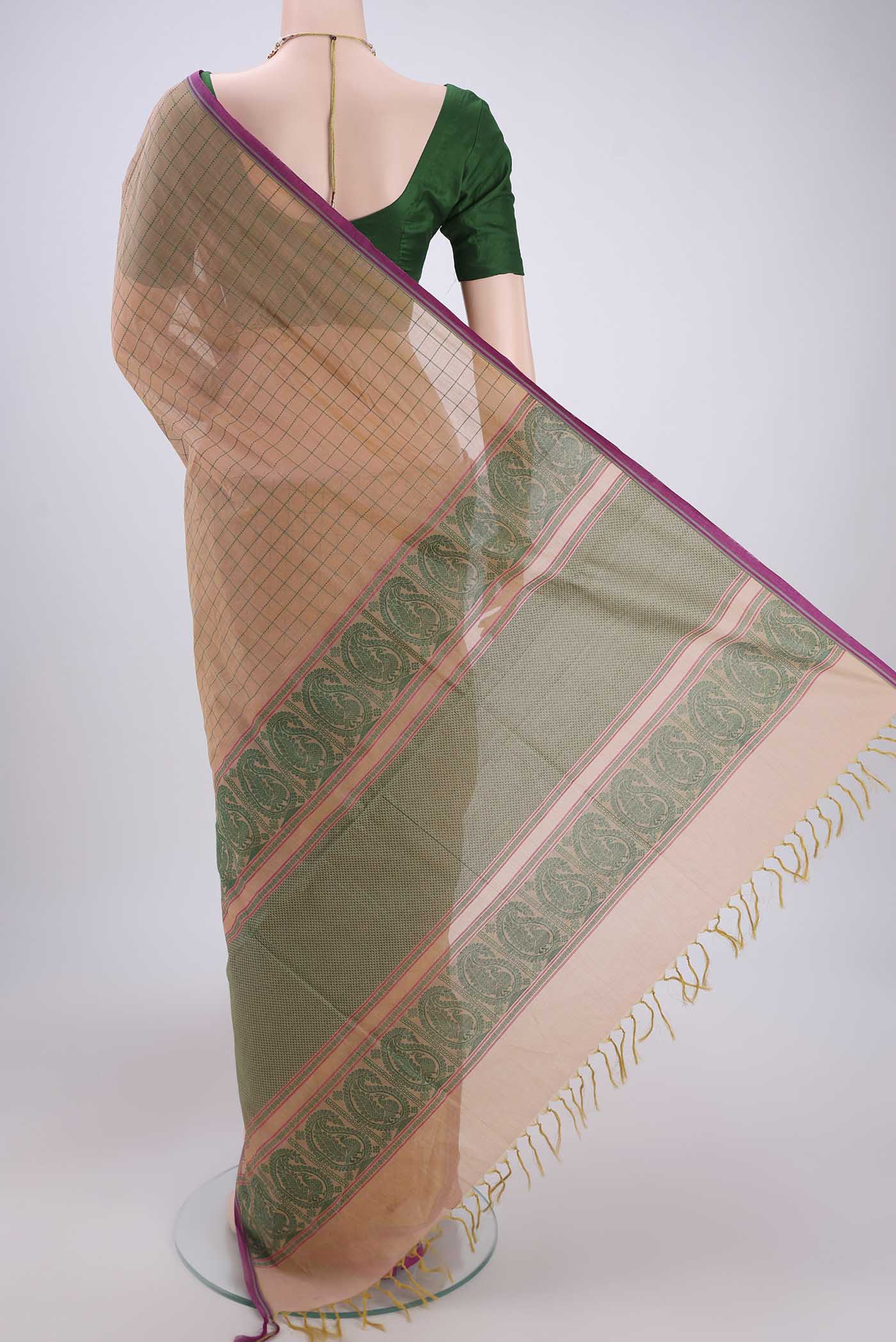 Flat view of Beige Coimbatore Cotton Saree with Thread Butta on the body and Thread Border. 