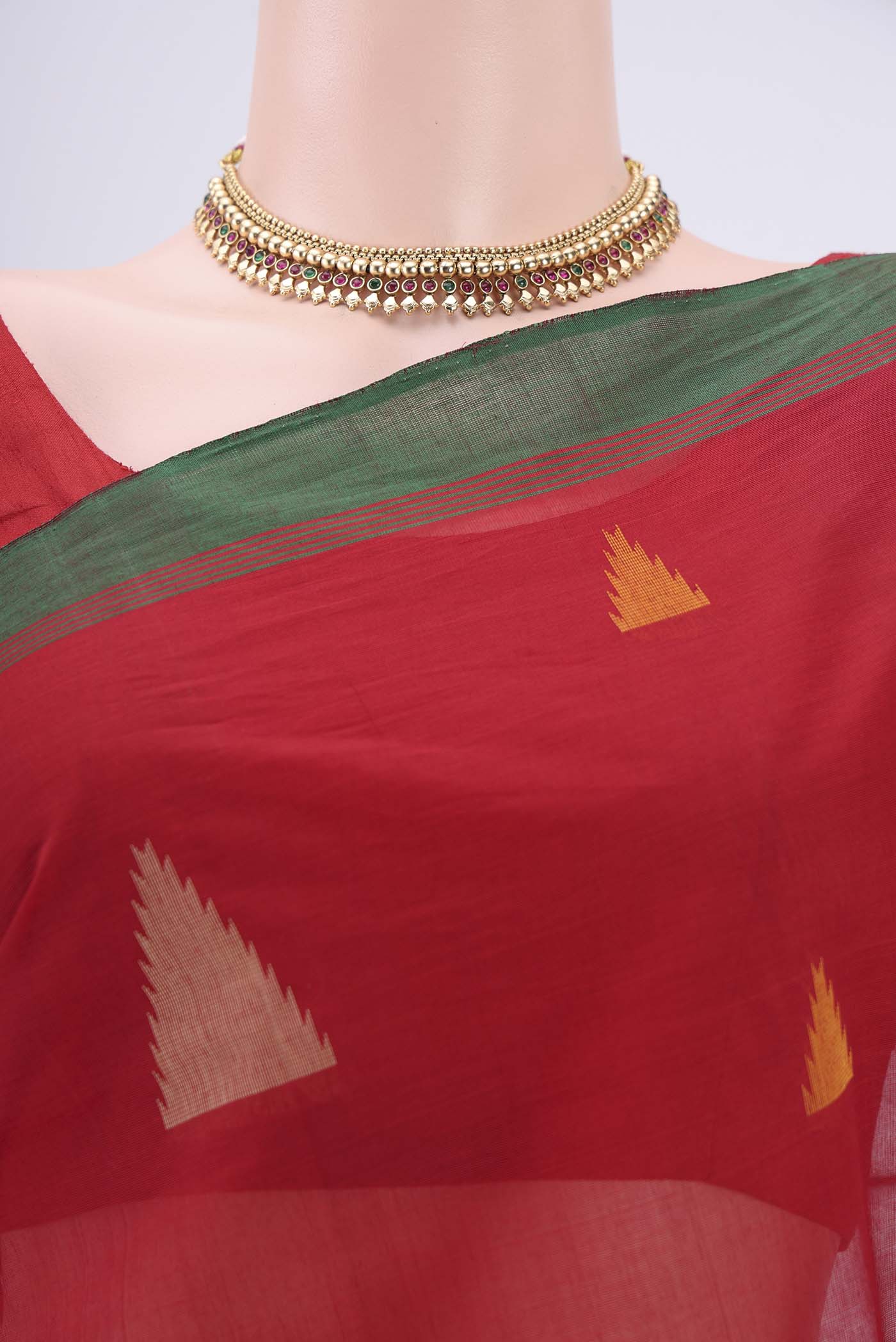 Border image of Deep Red Coimbatore Cotton Saree with Thread Butta on the body and Thread Border. 