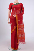 Deep Red Coimbatore Cotton Saree with Thread Butta on the body and Thread Border.  displayed on a mannequin