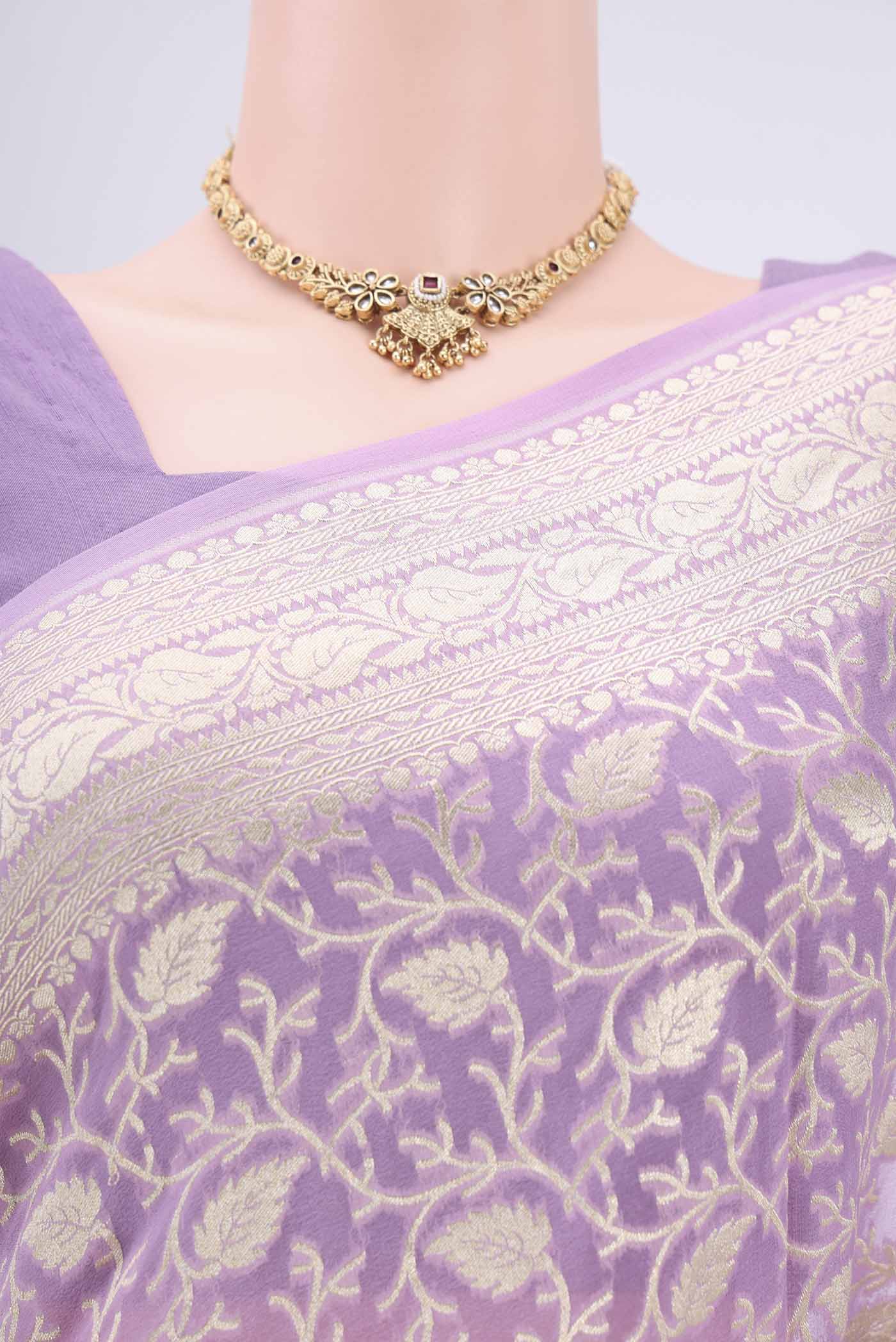 Border image of Lavender Banarasi Georgette Saree with Zari Brocade on the body and Zari Border. 