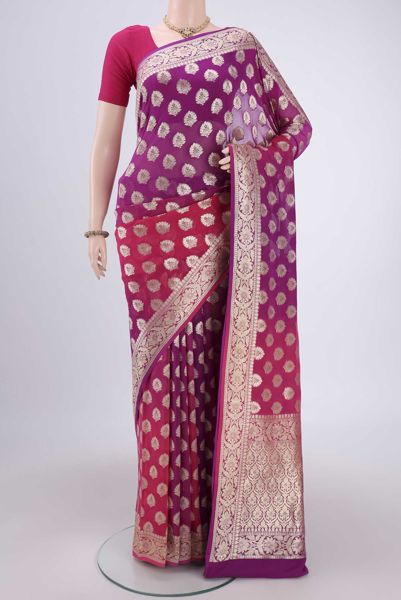 Pink Dual Tone Banarasi Georgette Saree with Half And Half on the body and Zari Border.  displayed on a mannequin