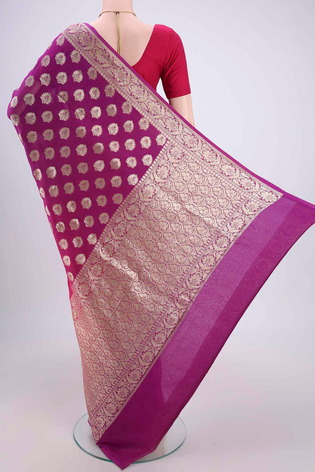 Flat view of Pink Dual Tone Banarasi Georgette Saree with Half And Half on the body and Zari Border. 