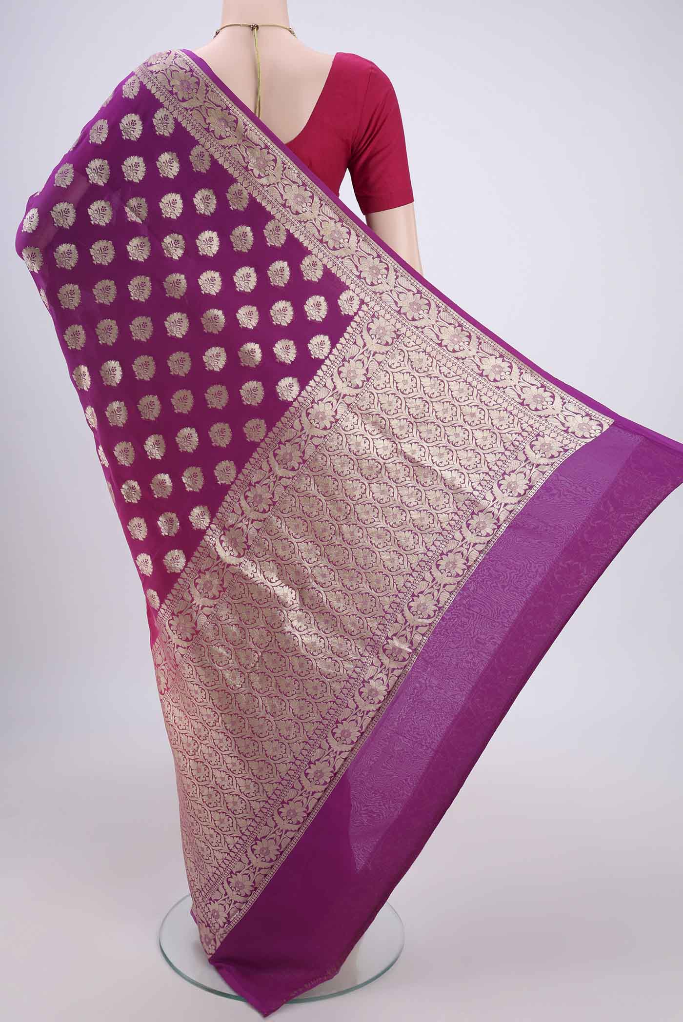 Flat view of Pink Dual Tone Banarasi Georgette Saree with Half And Half on the body and Zari Border. 
