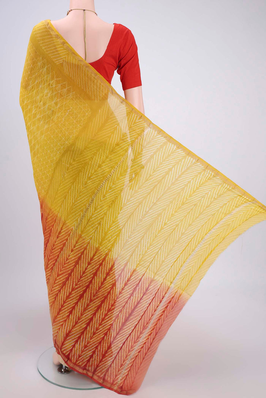 Flat view of Lemon Yellow Dual Tone Chanderi Silk Saree with Half And Half on the body and Thin Zari Line. 