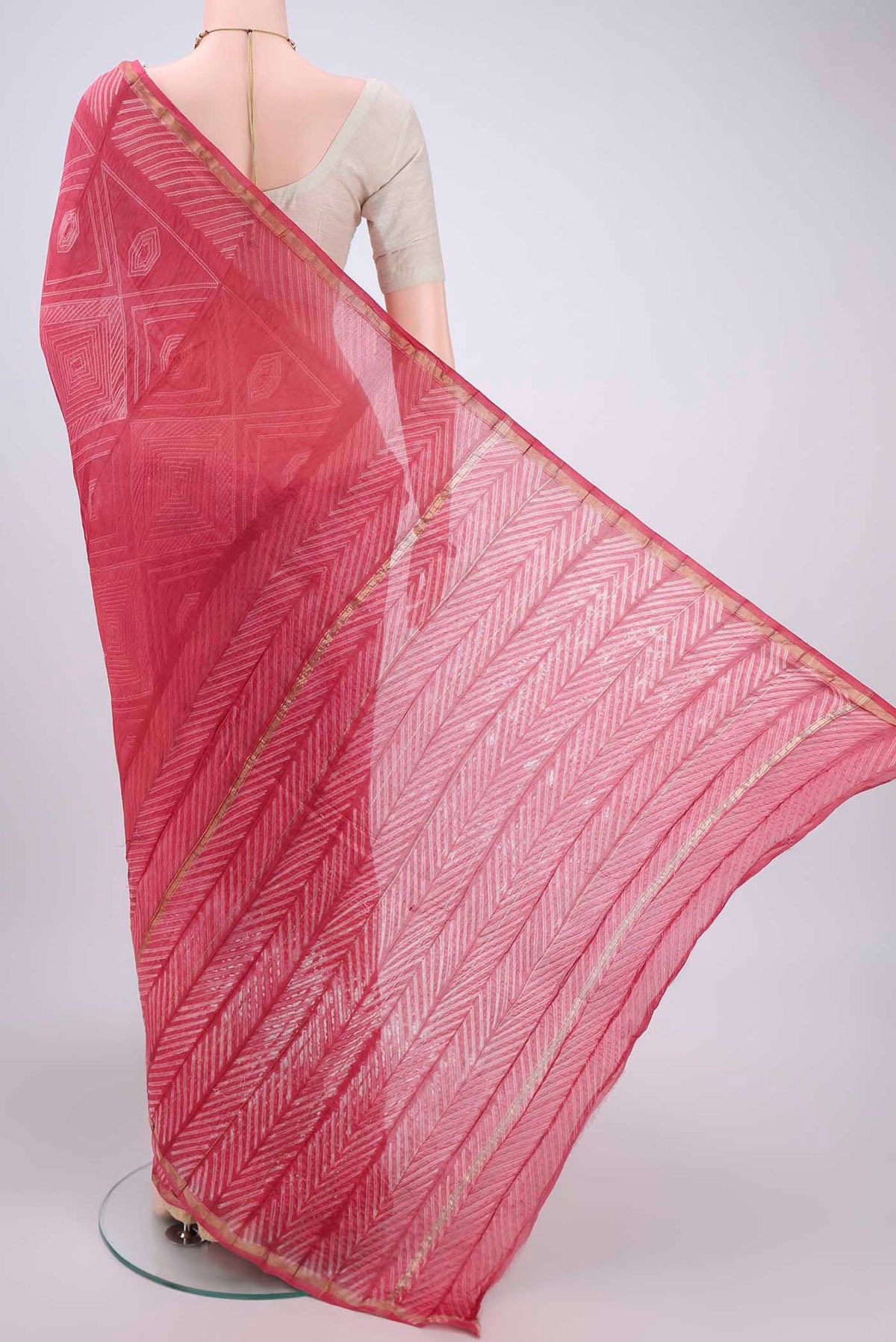 Flat view of Pink Dual Tone Chanderi Silk Saree with Printed design on the body and Thin Zari Line. 
