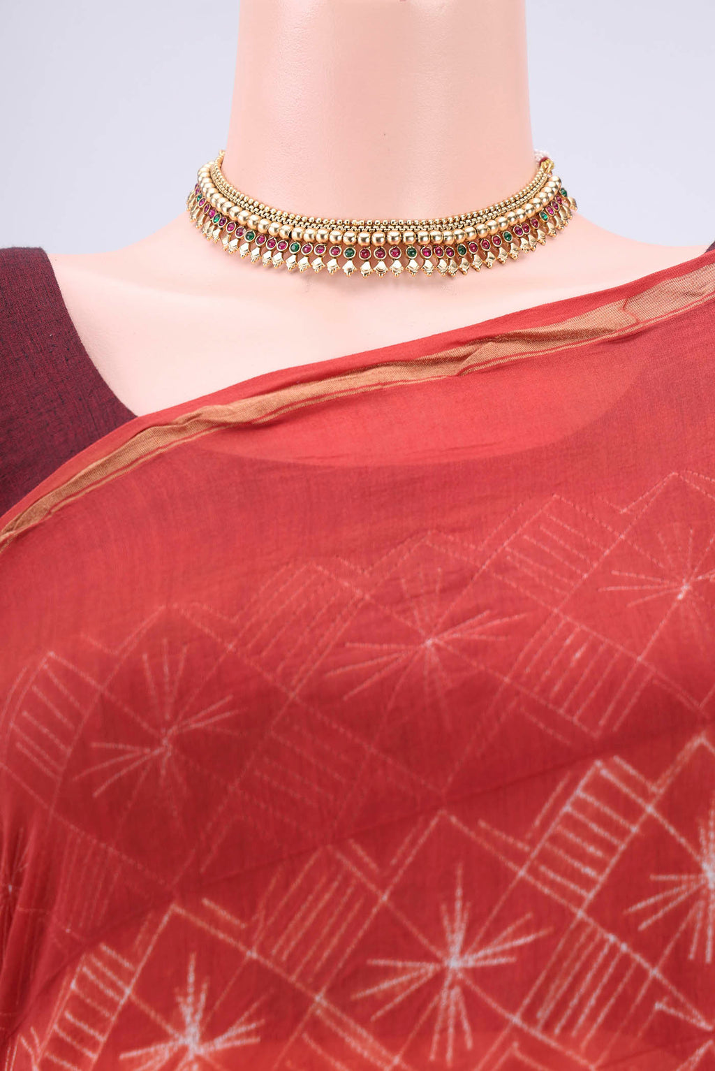 Border image of Rust Dual Tone Chanderi Silk Saree with Printed design on the body and Thin Zari Line. 