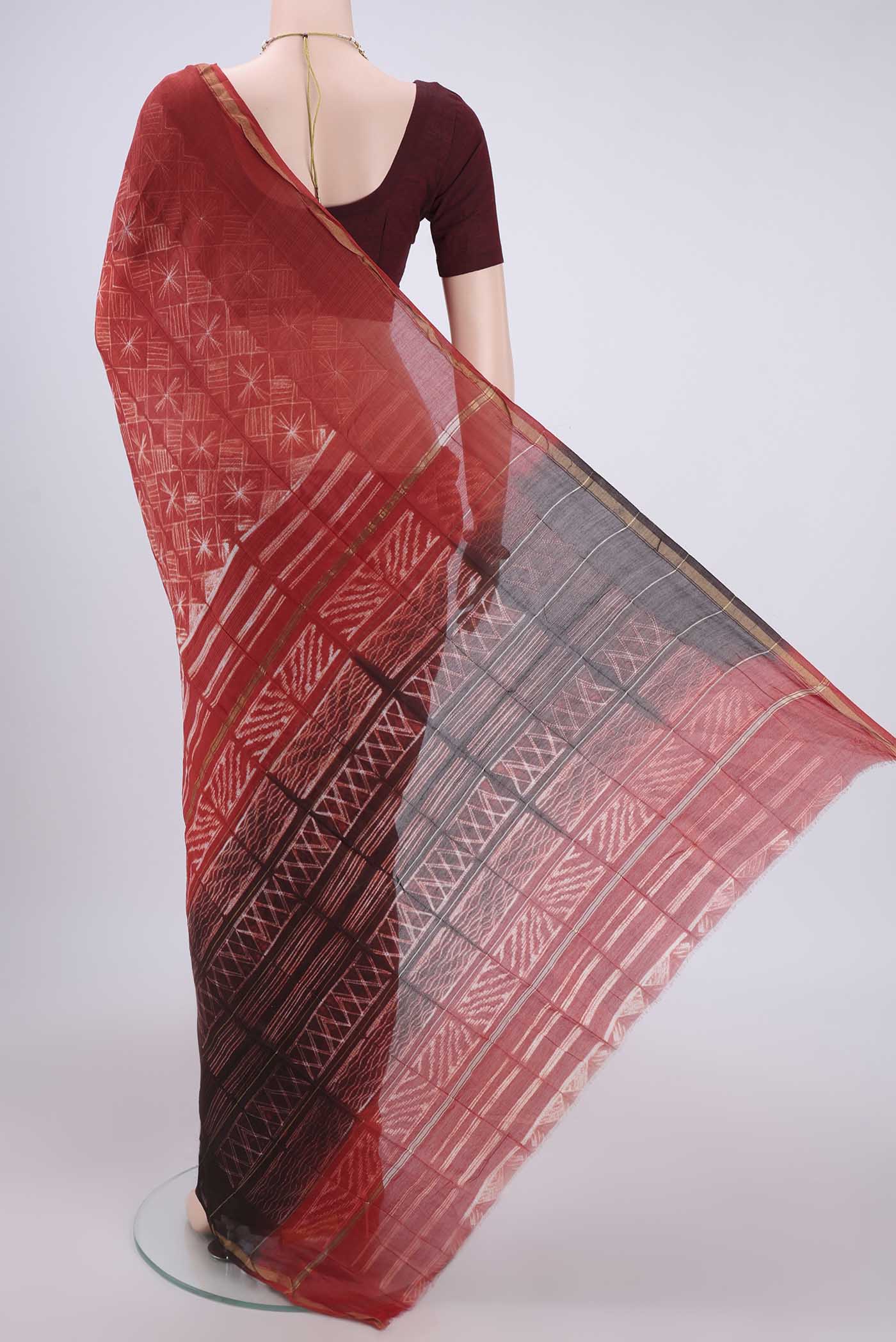 Flat view of Rust Dual Tone Chanderi Silk Saree with Printed design on the body and Thin Zari Line. 