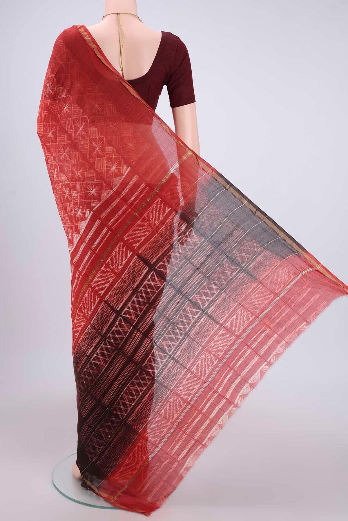 Flat view of Rust Dual Tone Chanderi Silk Saree with Printed design on the body and Thin Zari Line. 