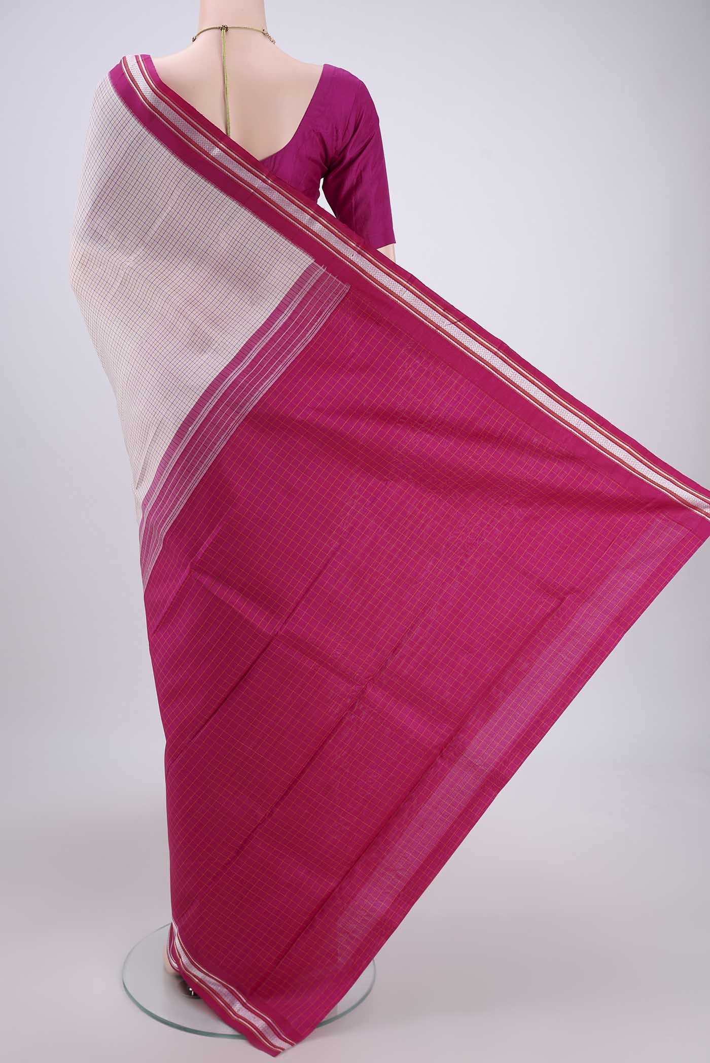 Flat view of Off White Dual Tone Kanjivaram Silk Saree with Checked design on the body and Thread Border. 