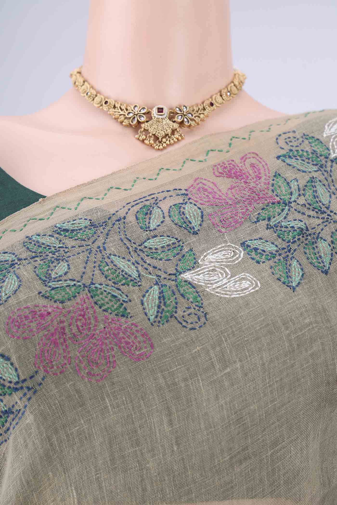 Border image of Sage Green Linen Cotton Saree with Kantha Work on the body and Thread Border. 