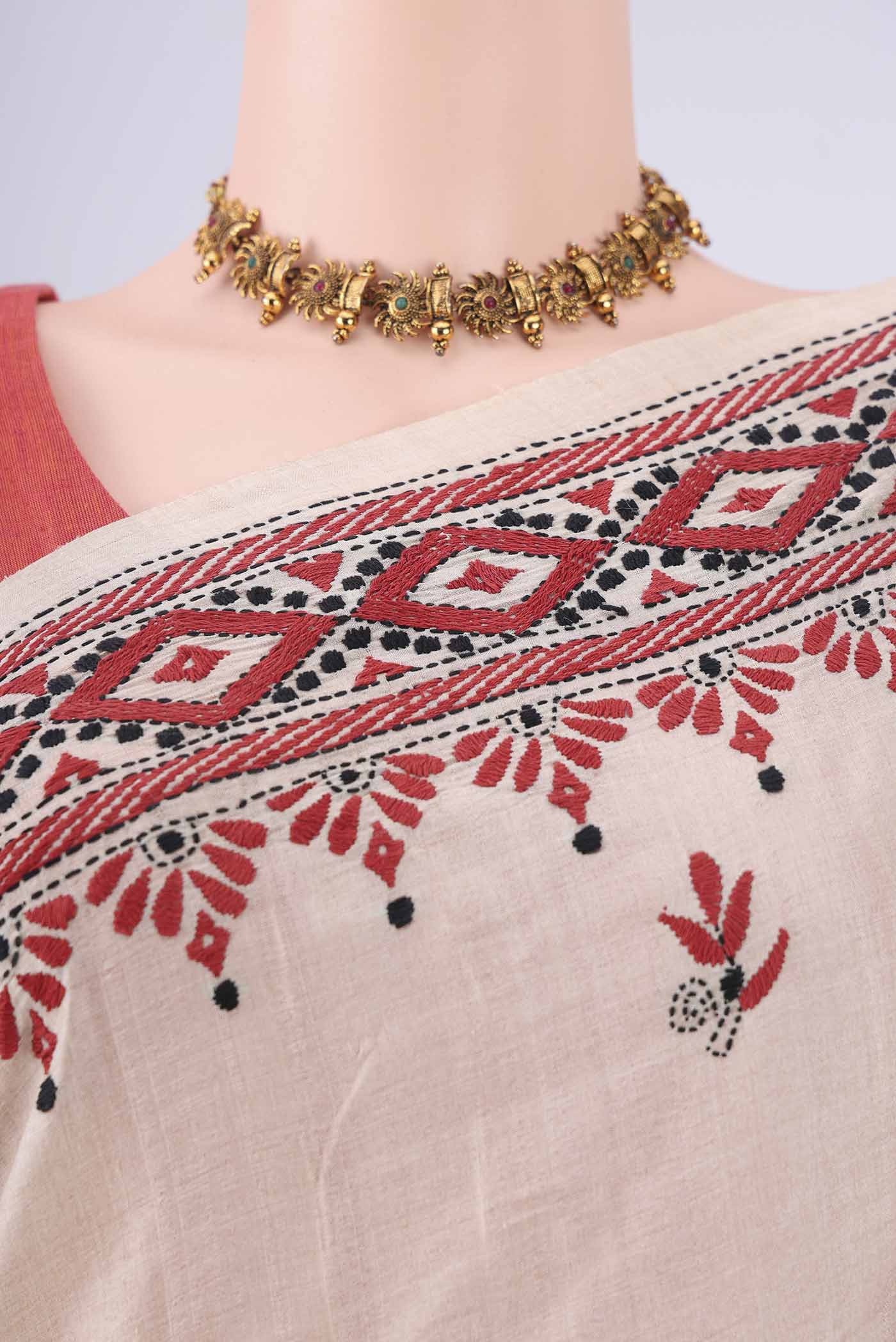 Border image of Beige Kantha Silk Saree with Kantha Work on the body and Thread Border. 