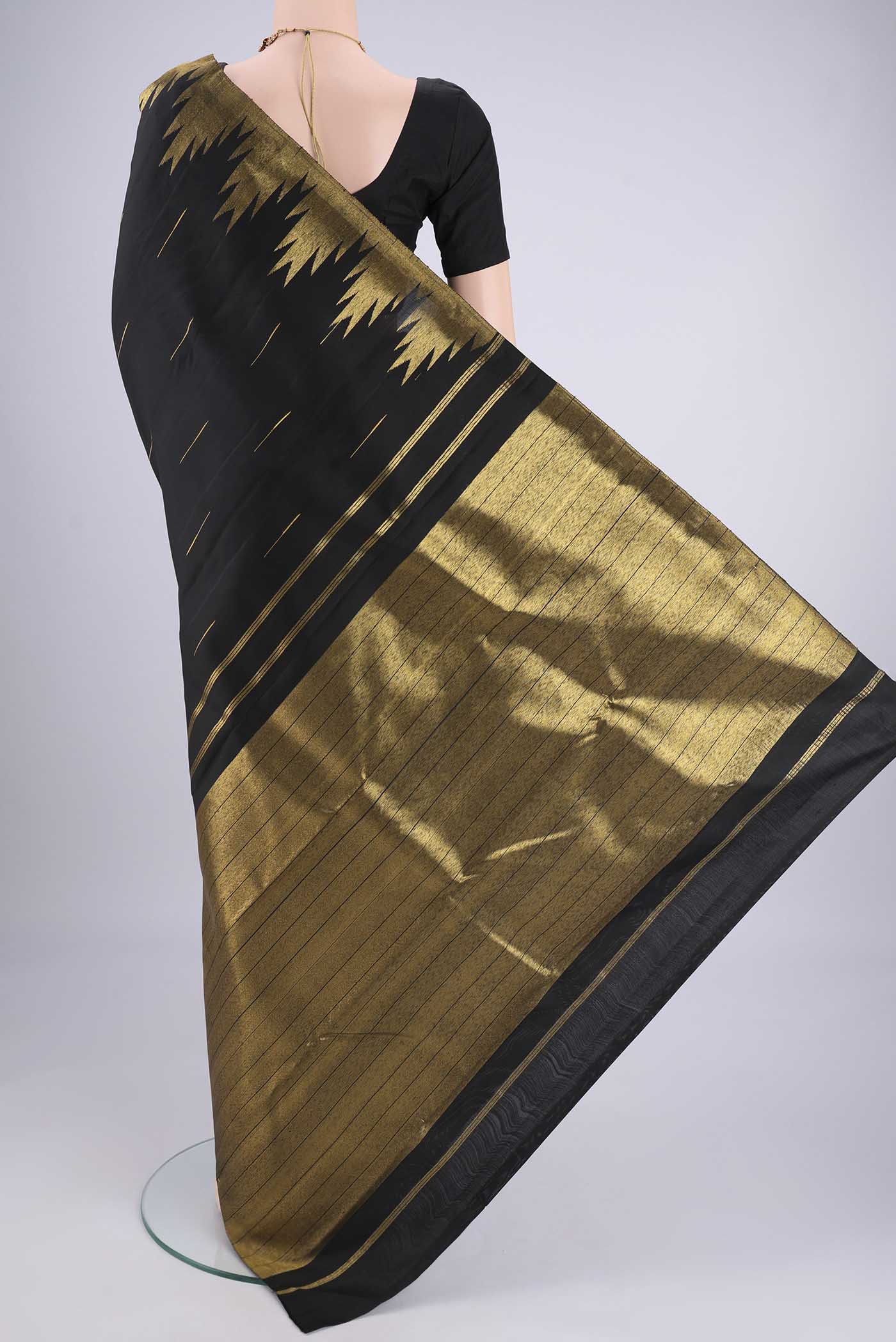 Flat view of Black Dual Tone Kanjivaram Silk Saree with Plain Body and Temple Border. 