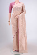 Beige Banarasi Silk Saree with Zari Brocade on the body and Zari Border.  displayed on a mannequin