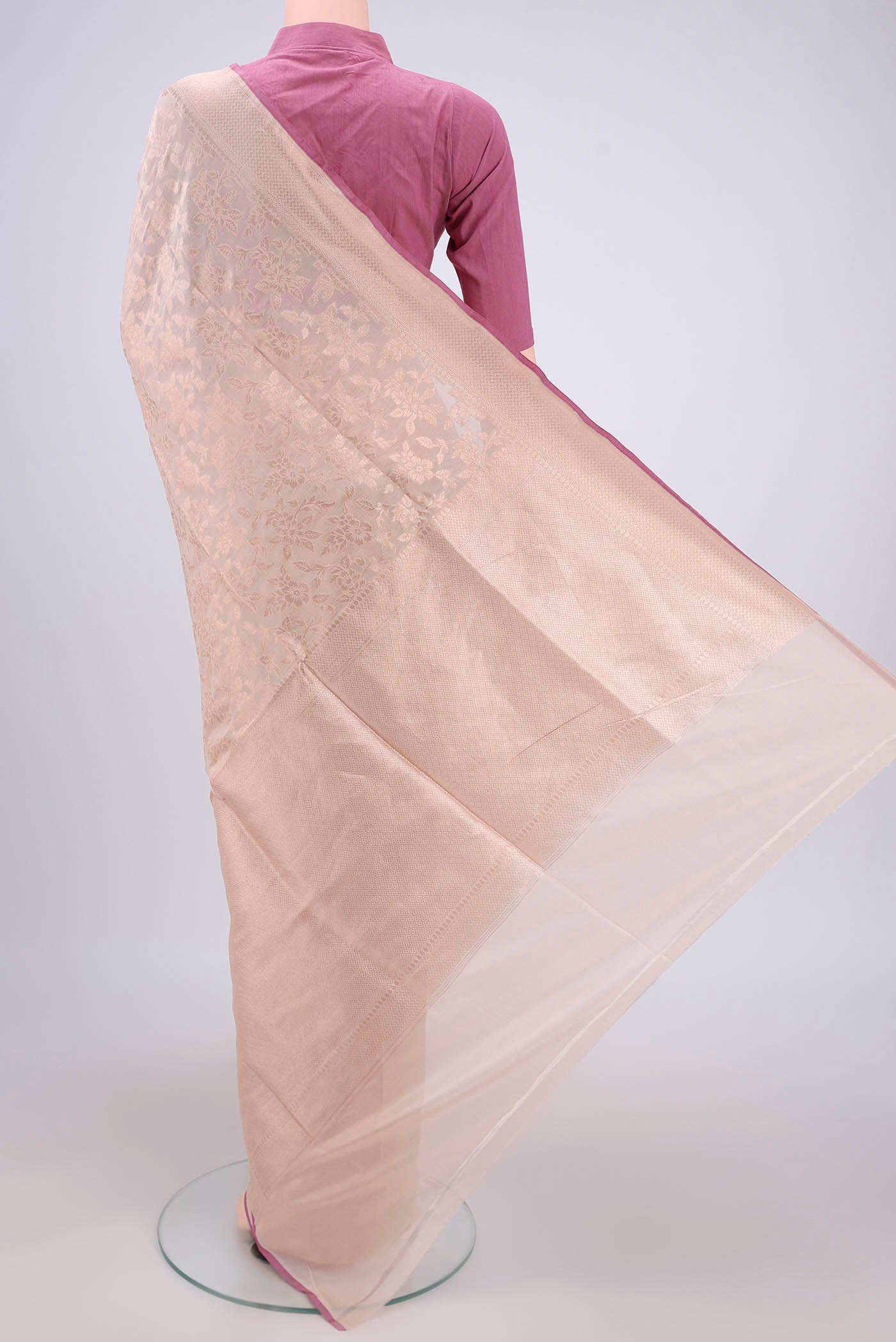Flat view of Beige Banarasi Silk Saree with Zari Brocade on the body and Zari Border. 