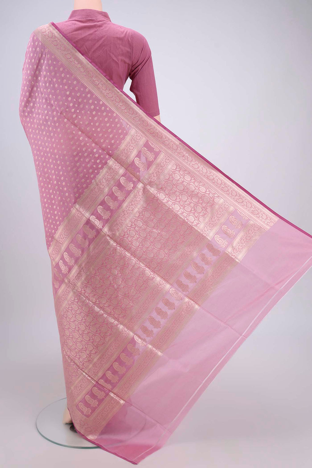 Flat view of Rose pink Dual Tone Banarasi Silk Saree with Zari Butta on the body and Zari Border. 