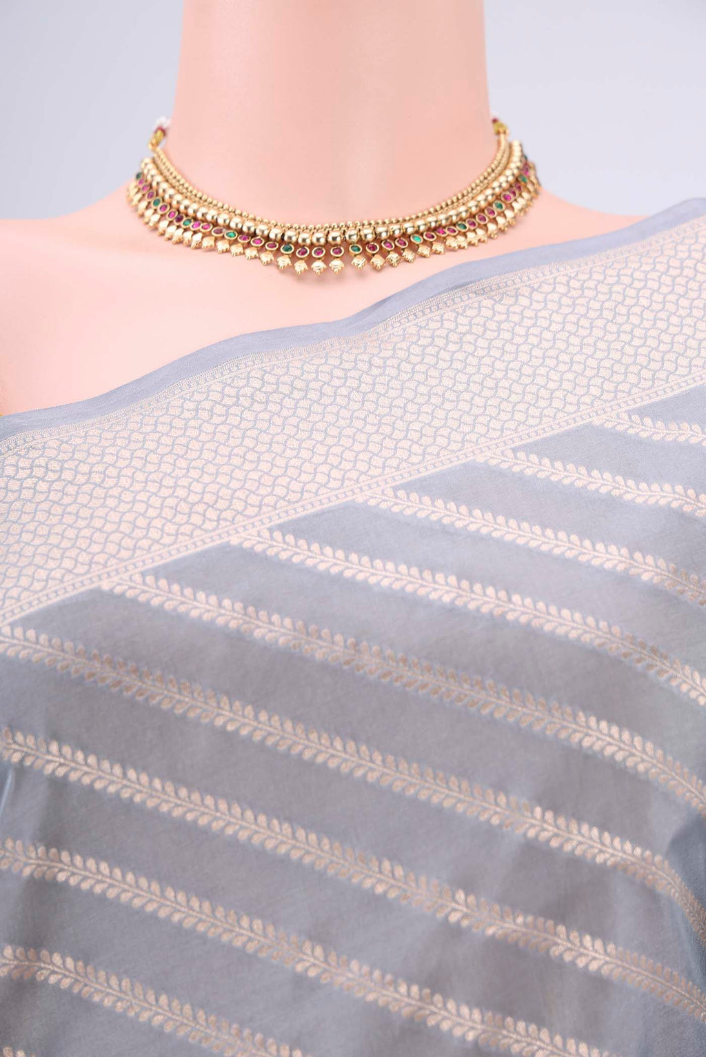 Border image of Blue Grey Banarasi Silk Saree with Stripes on the body and Zari Border. 