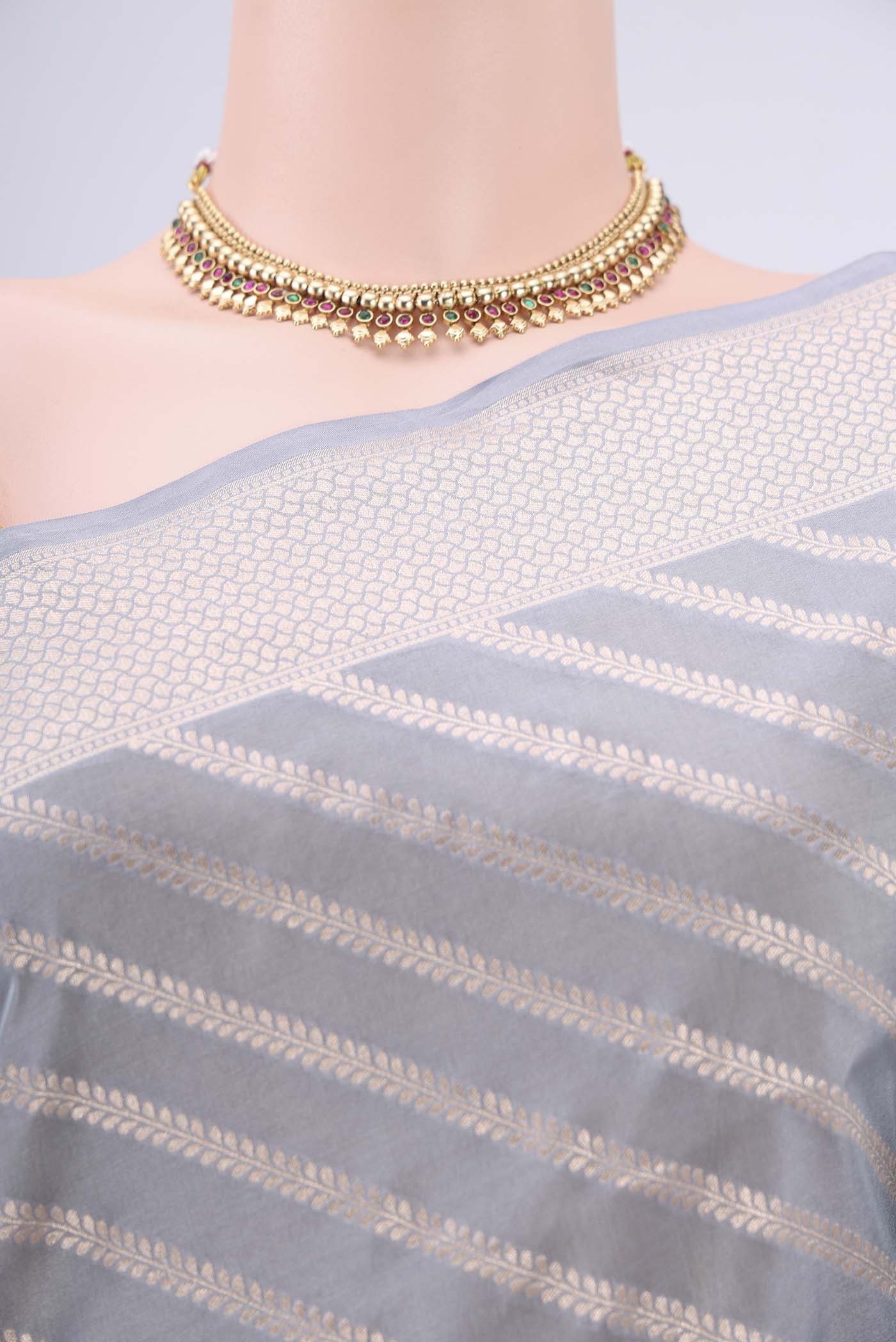 Border image of Blue Grey Banarasi Silk Saree with Stripes on the body and Zari Border. 