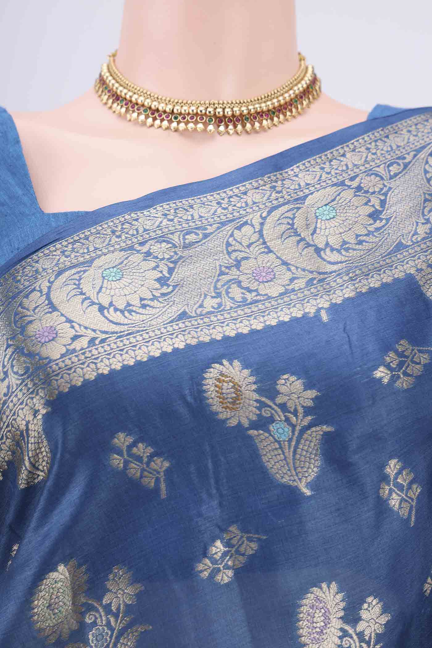 Border image of Blue Banarasi Tussar Silk Saree with Zari And Thread Butta on the body and Zari And Thread Border. 