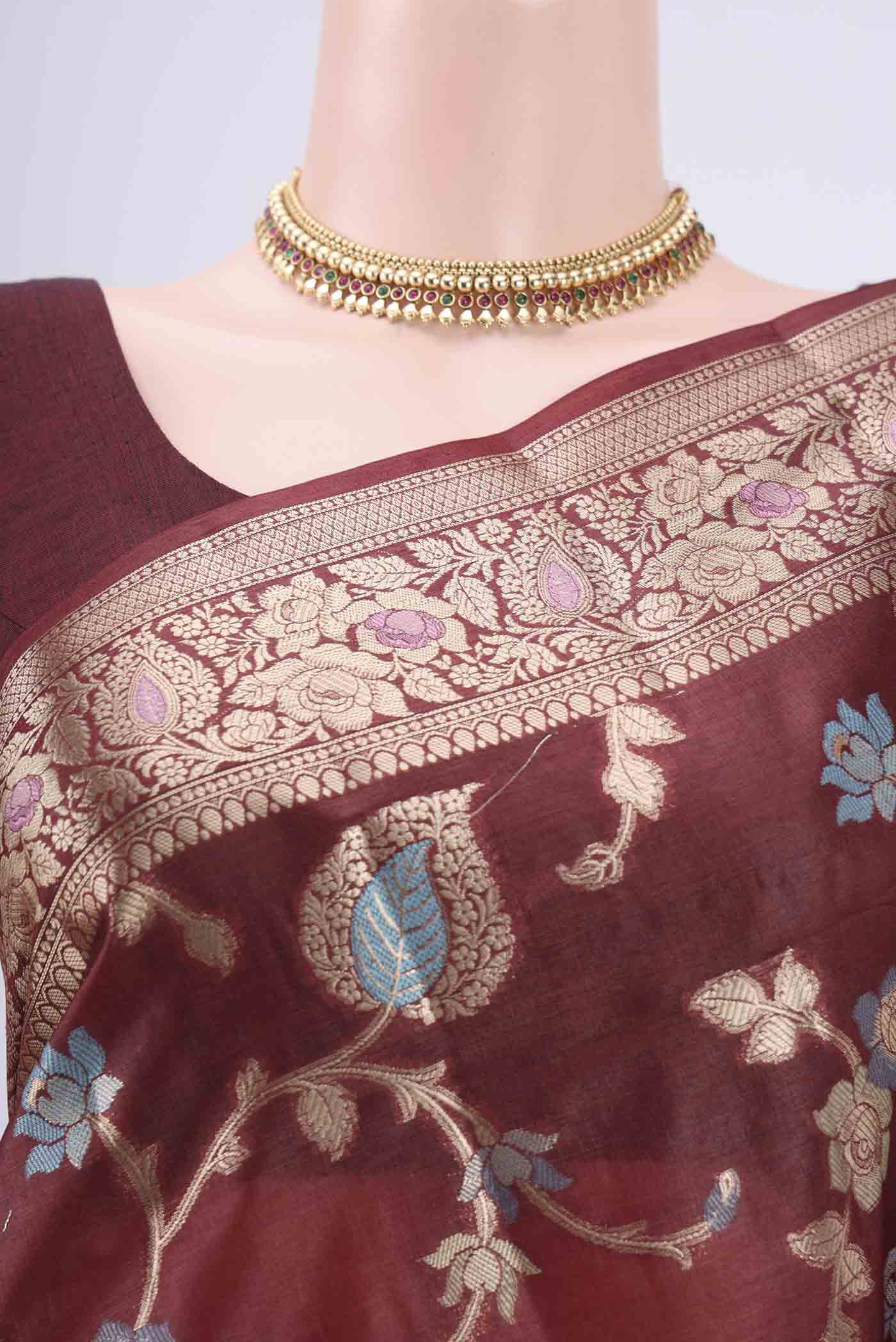 Border image of Brown Banarasi Tussar Silk Saree with Zari And Thread Butta on the body and Zari And Thread Border. 