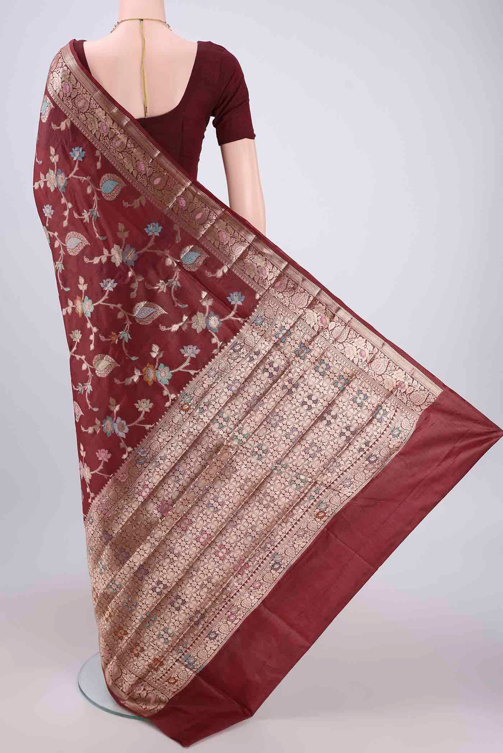 Flat view of Brown Banarasi Tussar Silk Saree with Zari And Thread Butta on the body and Zari And Thread Border. 