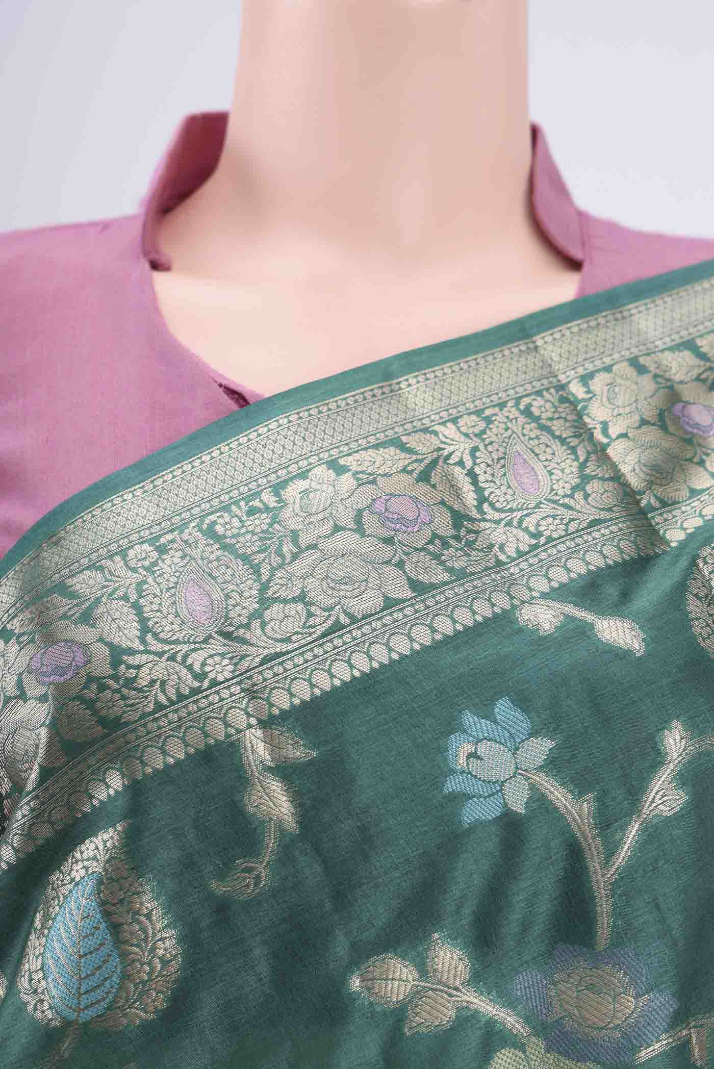 Border image of Sea Green Banarasi Tussar Silk Saree with Zari Brocade on the body and Zari And Thread Border. 