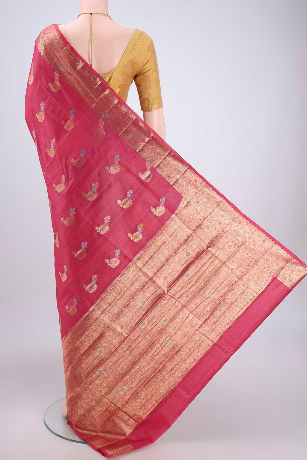 Flat view of Pink Banarasi Raw Silk Saree with Zari And Thread Butta on the body and Zari And Thread Border. 