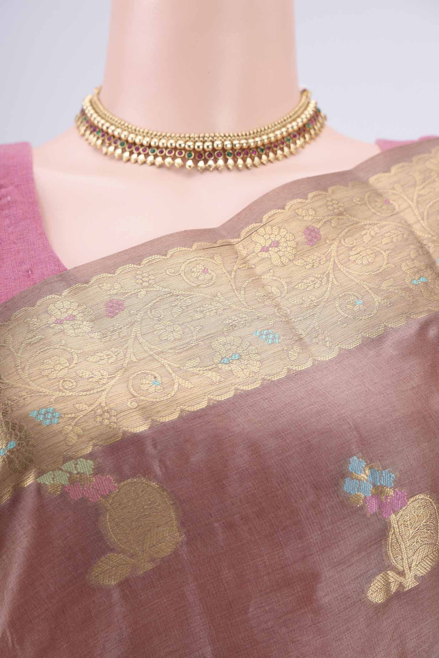 Border image of Brown Banarasi Tussar Silk Saree with Zari Brocade on the body and Zari Border. 
