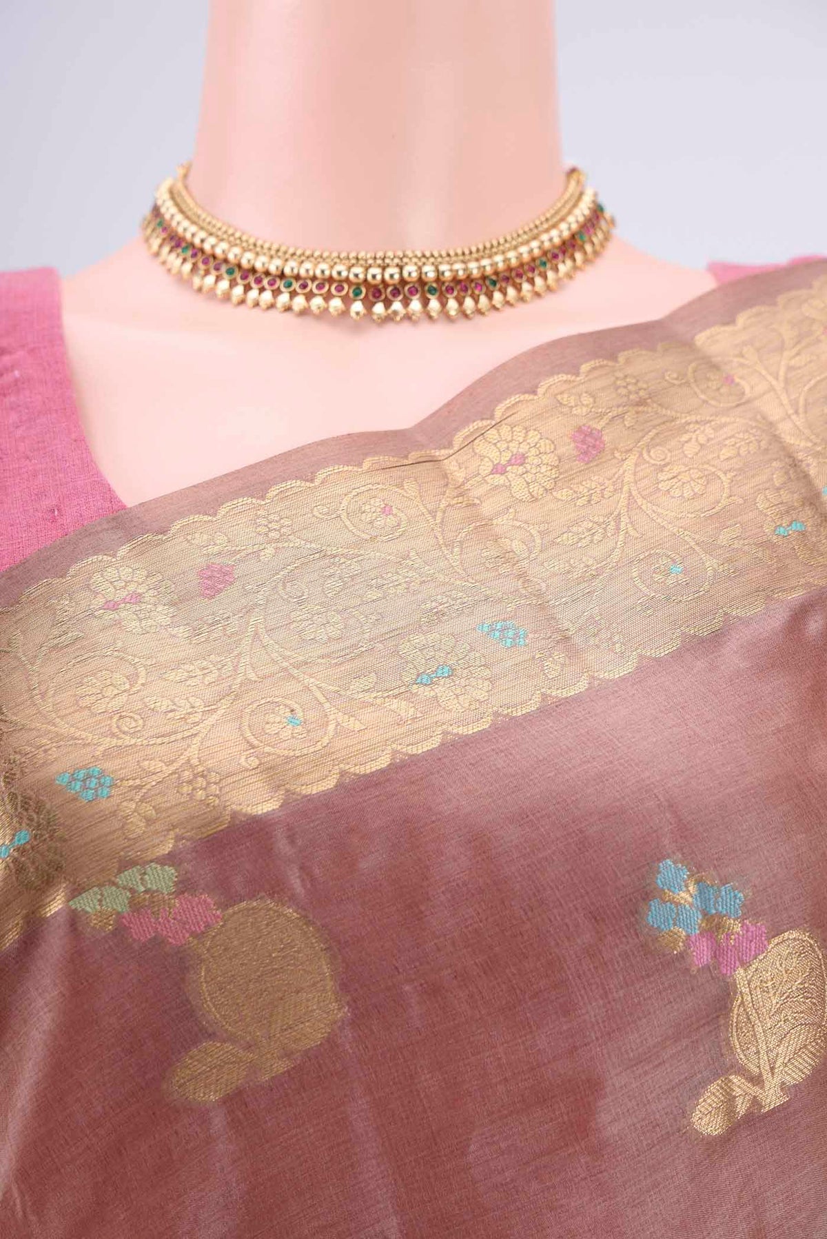 Border image of Brown Banarasi Tussar Silk Saree with Zari Brocade on the body and Zari Border. 
