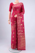 Rani Pink Banarasi Tussar Silk Saree with Zari And Thread Butta on the body and Zari And Thread Border.  displayed on a mannequin