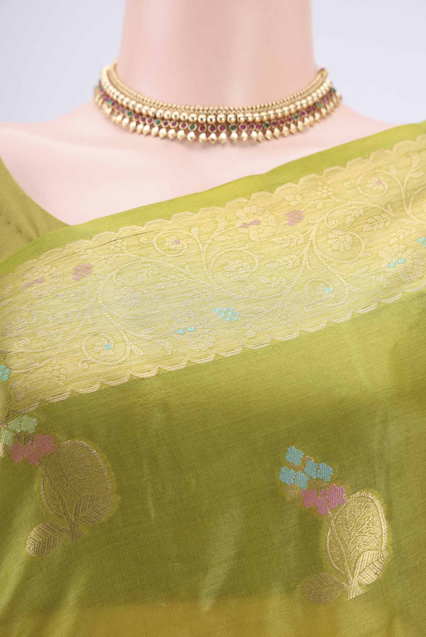 Border image of Light Green Banarasi Tussar Silk Saree with Zari And Thread Butta on the body and Zari And Thread Border. 