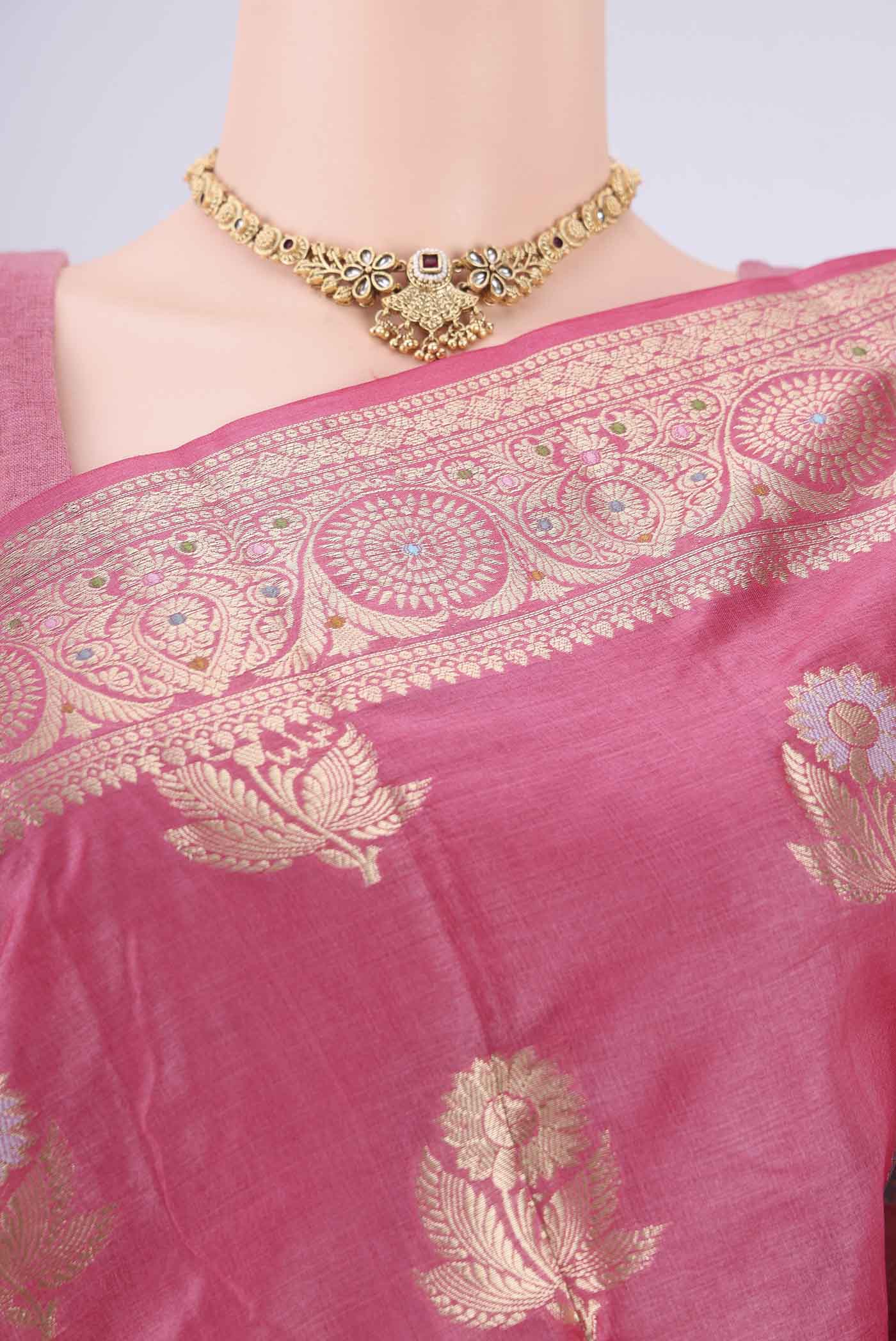 Border image of Pink Banarasi Tussar Silk Saree with Zari And Thread Butta on the body and Zari And Thread Border. 