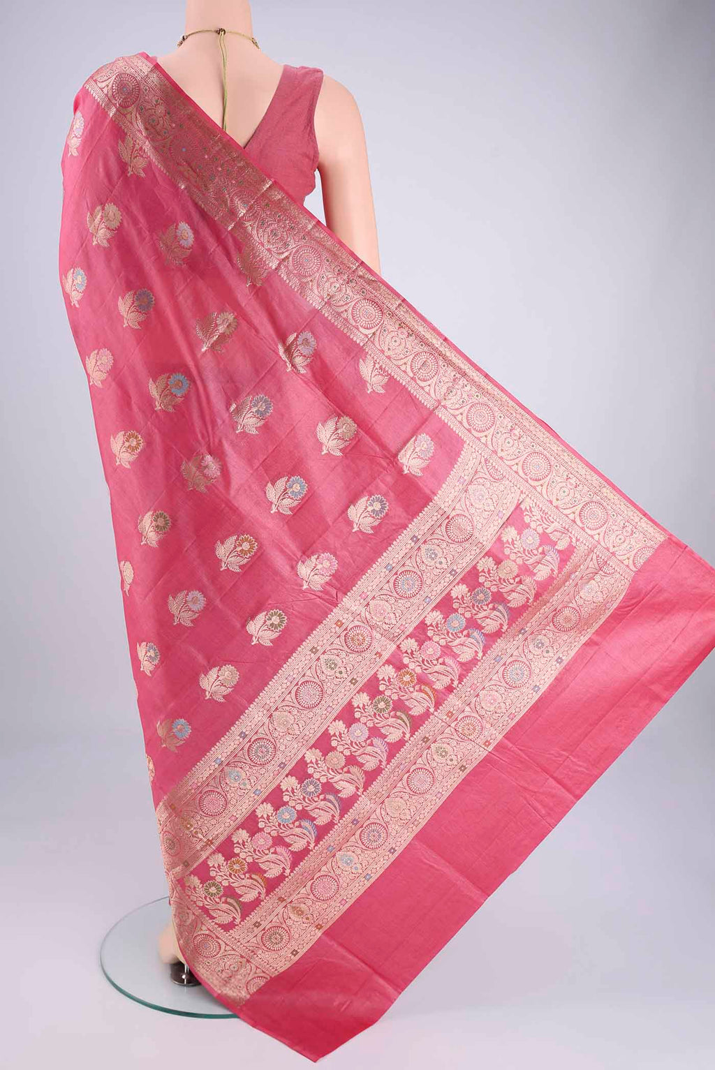 Flat view of Pink Banarasi Tussar Silk Saree with Zari And Thread Butta on the body and Zari And Thread Border. 