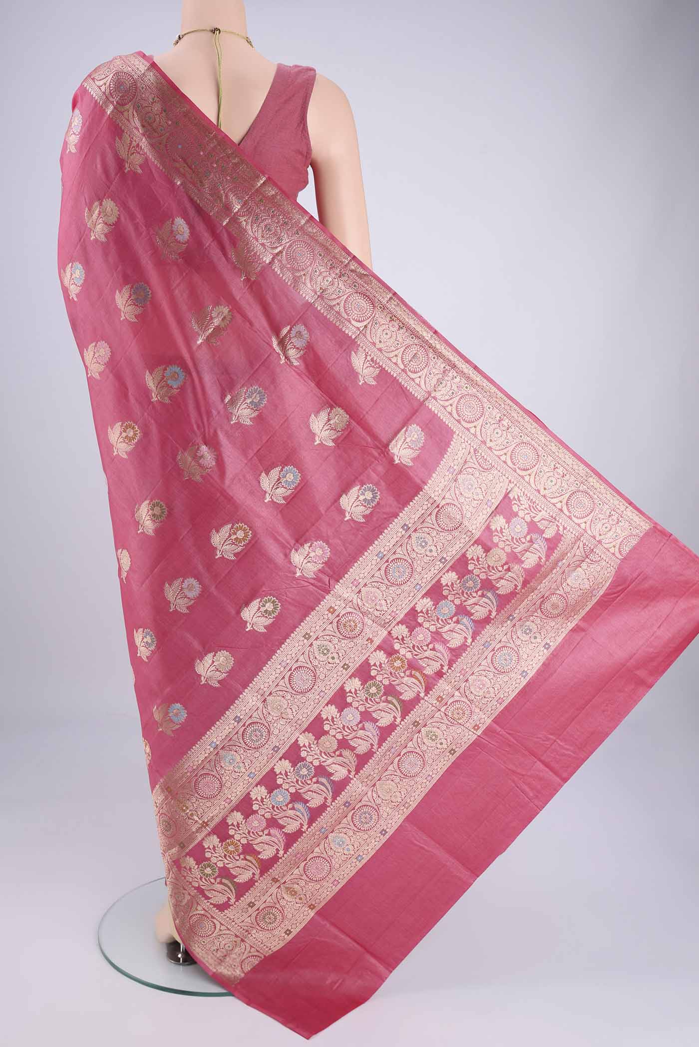 Flat view of Pink Banarasi Tussar Silk Saree with Zari And Thread Butta on the body and Zari And Thread Border. 