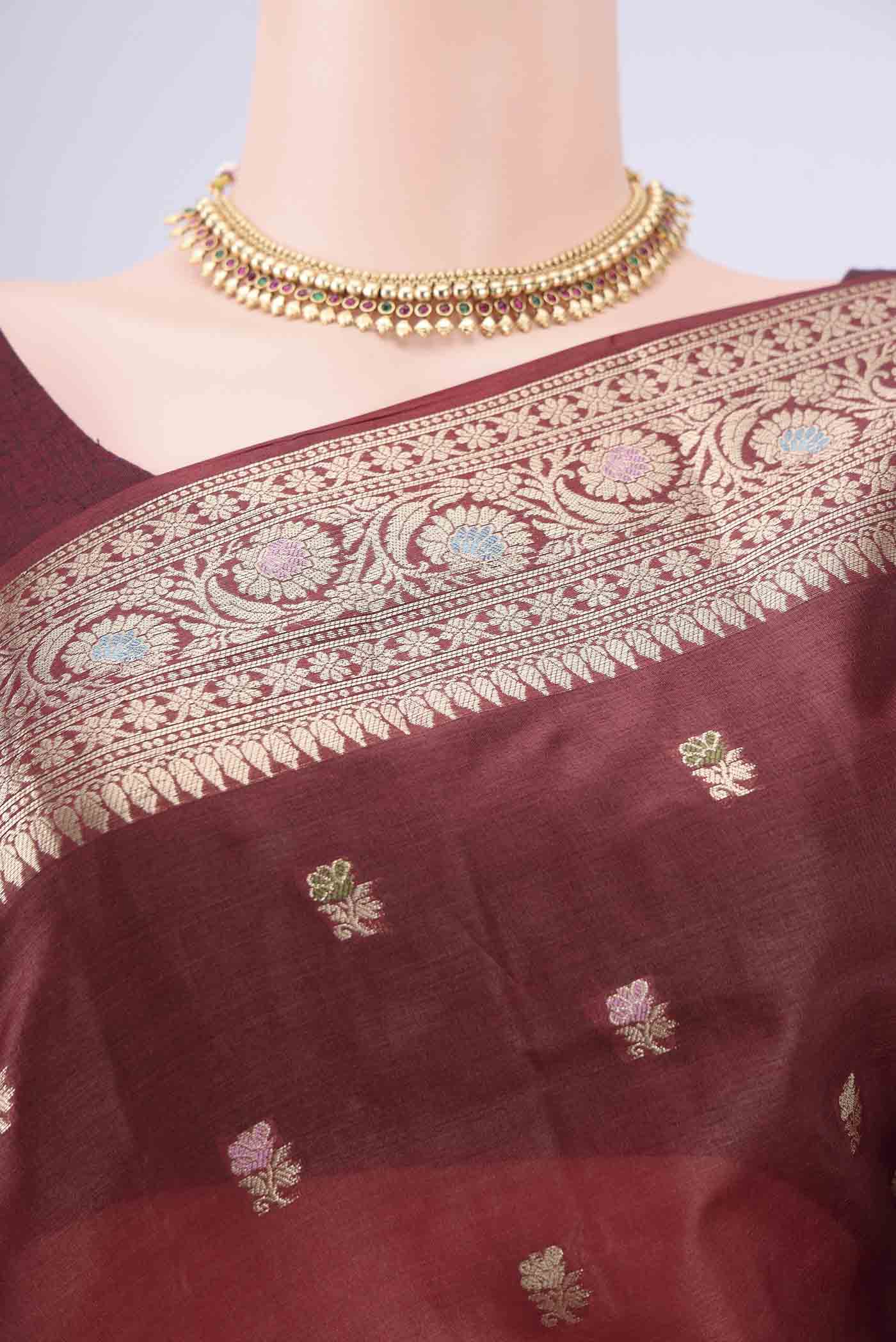 Border image of Brown Banarasi Tussar Silk Saree with Zari And Thread Butta on the body and Zari And Thread Border. 