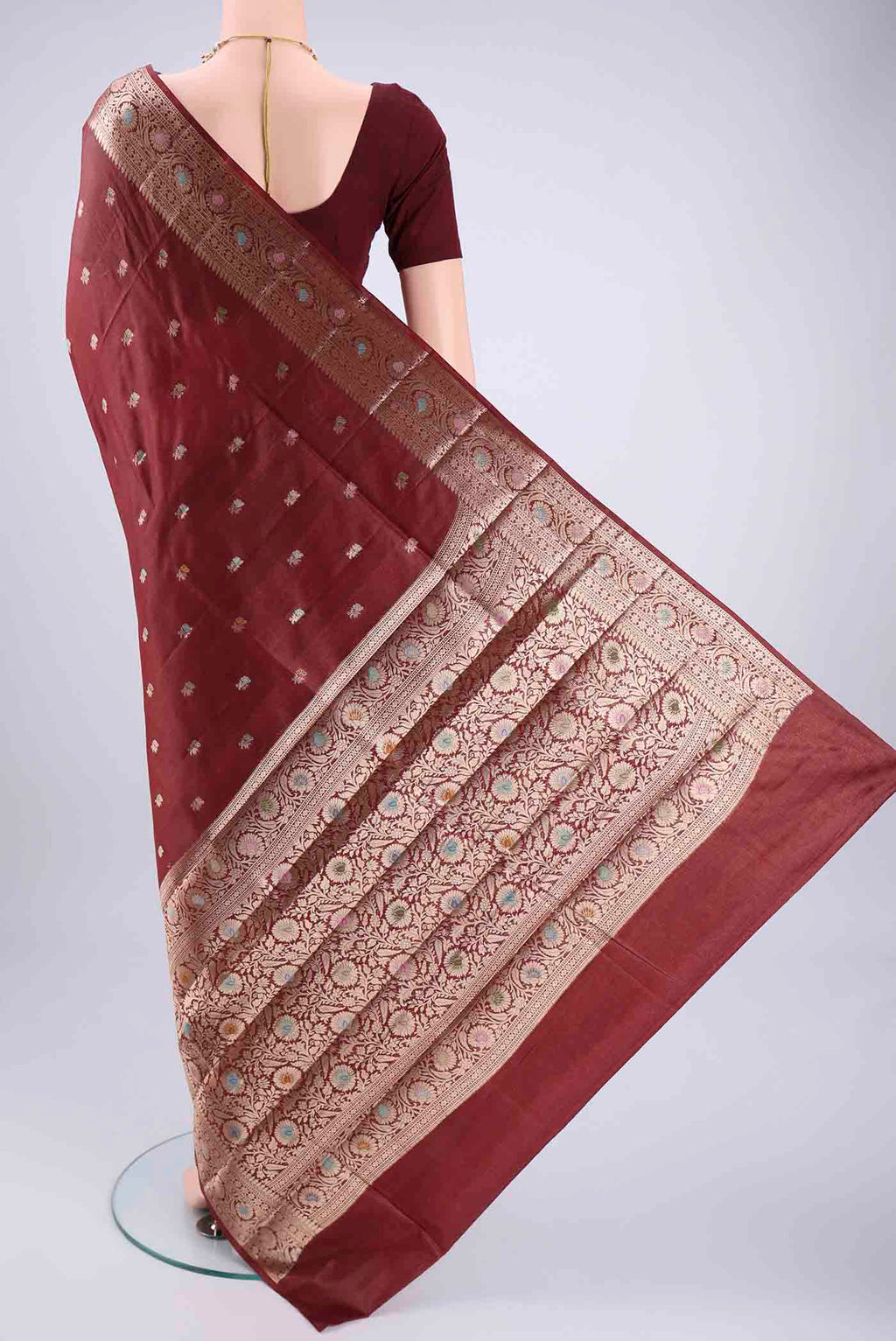 Flat view of Brown Banarasi Tussar Silk Saree with Zari And Thread Butta on the body and Zari And Thread Border. 
