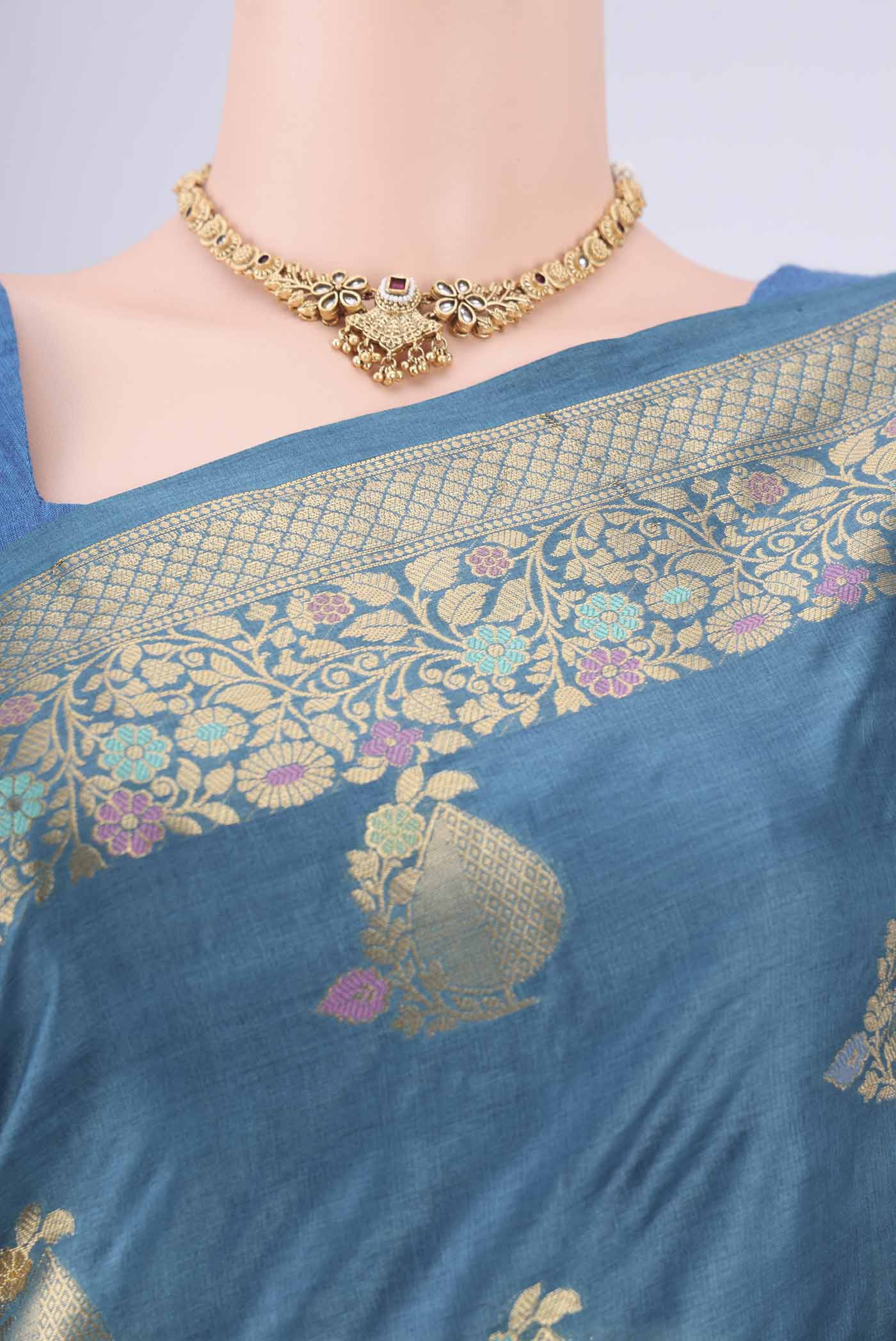 Border image of Blue Banarasi Tussar Silk Saree with Zari And Thread Butta on the body and Zari And Thread Border. 