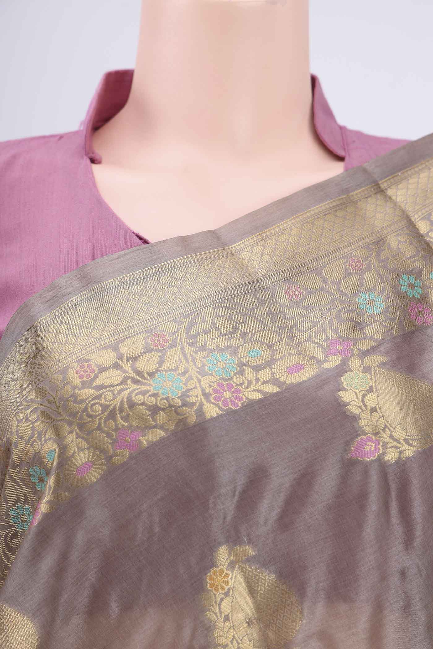 Border image of Beige Banarasi Tussar Silk Saree with Zari And Thread Butta on the body and Zari And Thread Border. 