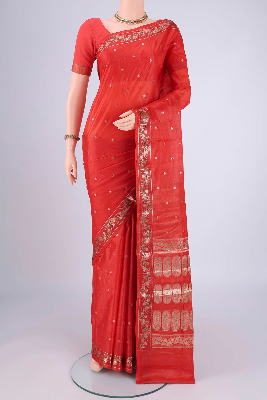 Imperial Pink Banarasi Tussar Silk Saree with Zari And Thread Butta on the body and Zari And Thread Border.  displayed on a mannequin
