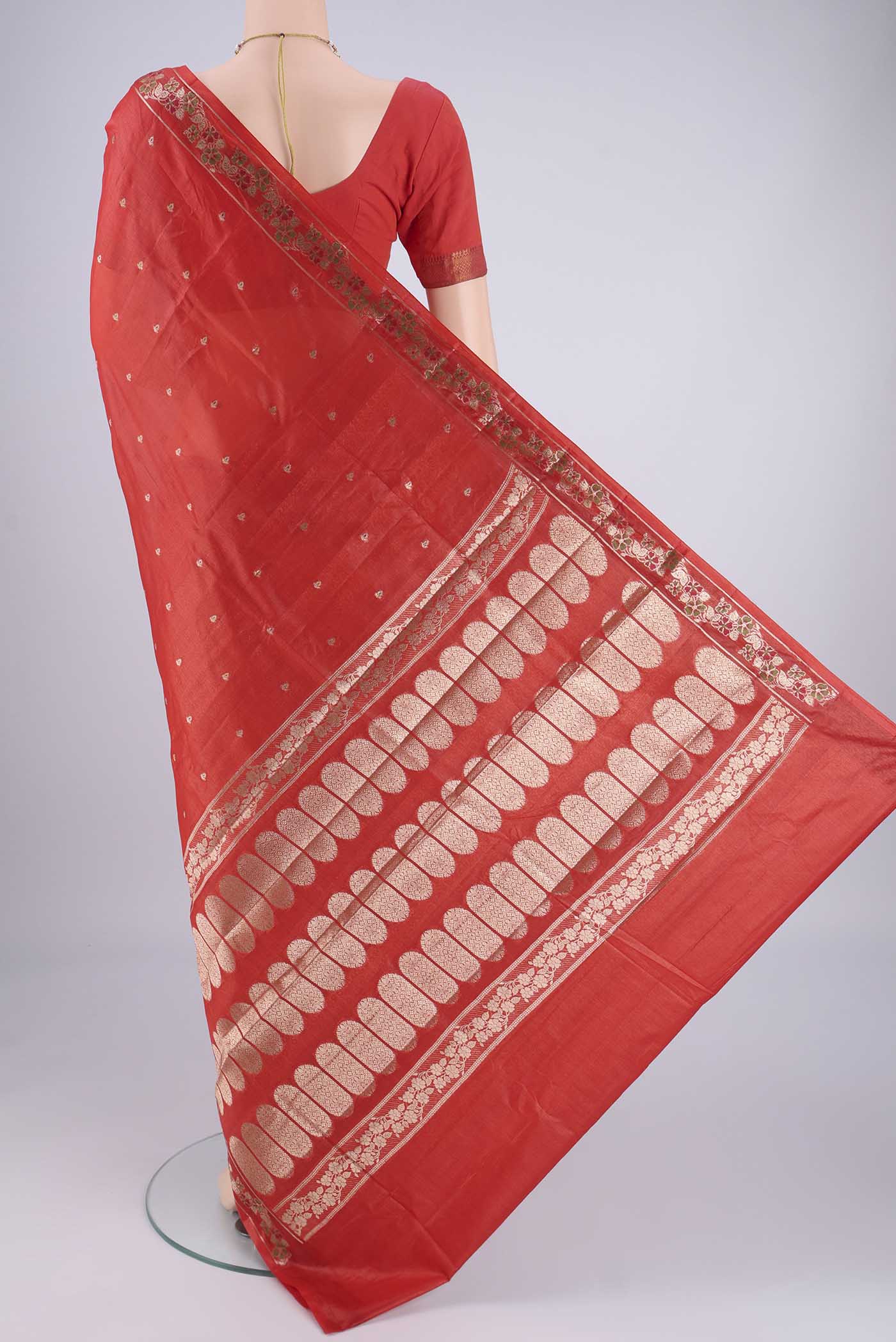 Flat view of Imperial Pink Banarasi Tussar Silk Saree with Zari And Thread Butta on the body and Zari And Thread Border. 