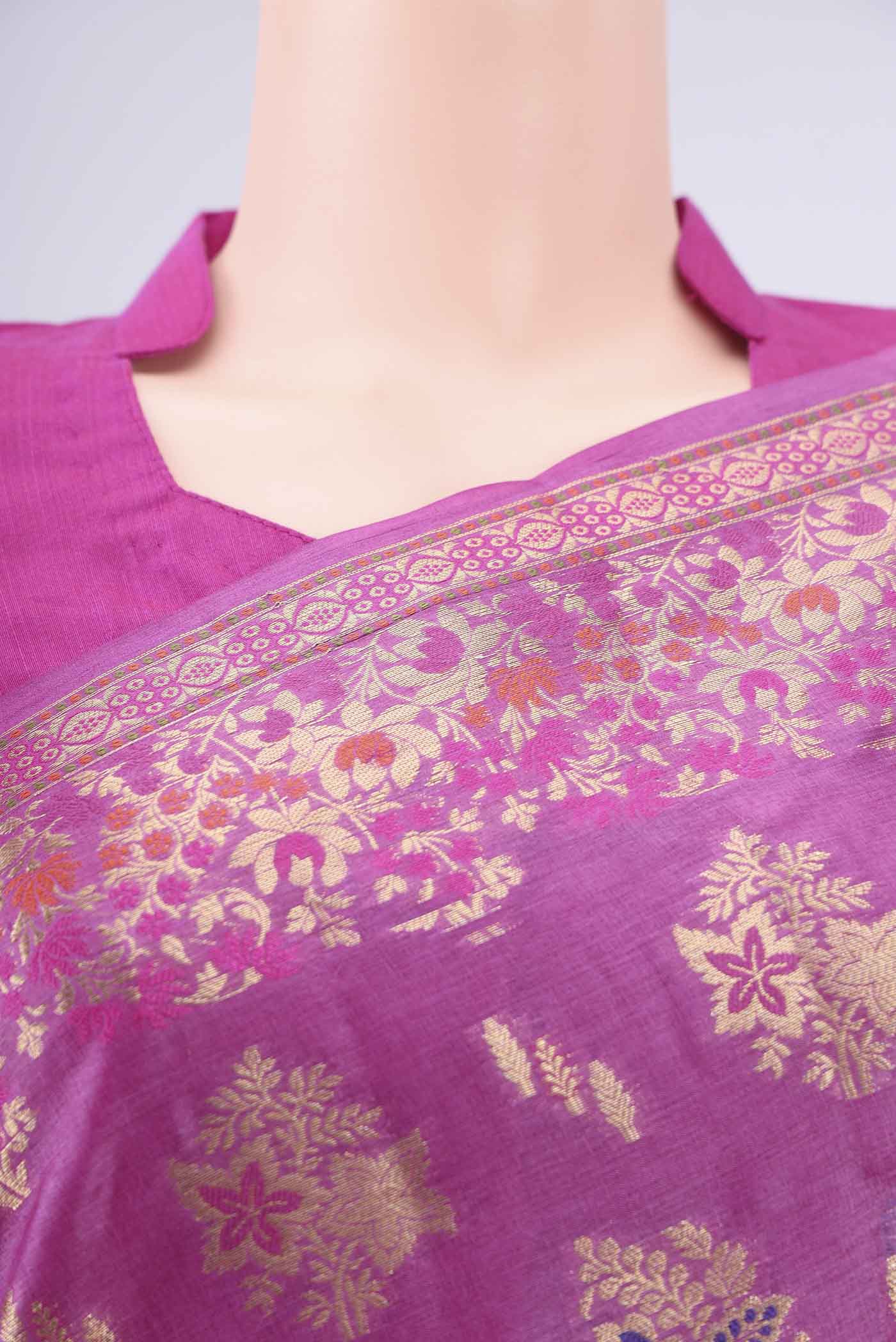 Border image of Magenta Banarasi Tussar Silk Saree with Zari Brocade on the body and Zari And Thread Border. 