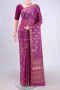 Light Magenta Banarasi Raw Silk Saree with Zari And Thread Butta on the body and Zari And Thread Border.  displayed on a mannequin