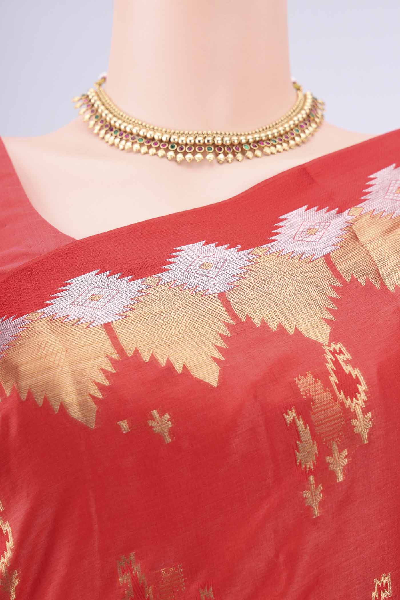 Border image of Imperial Red Banarasi Tussar Silk Saree with Zari Butta on the body and Zari Border. 